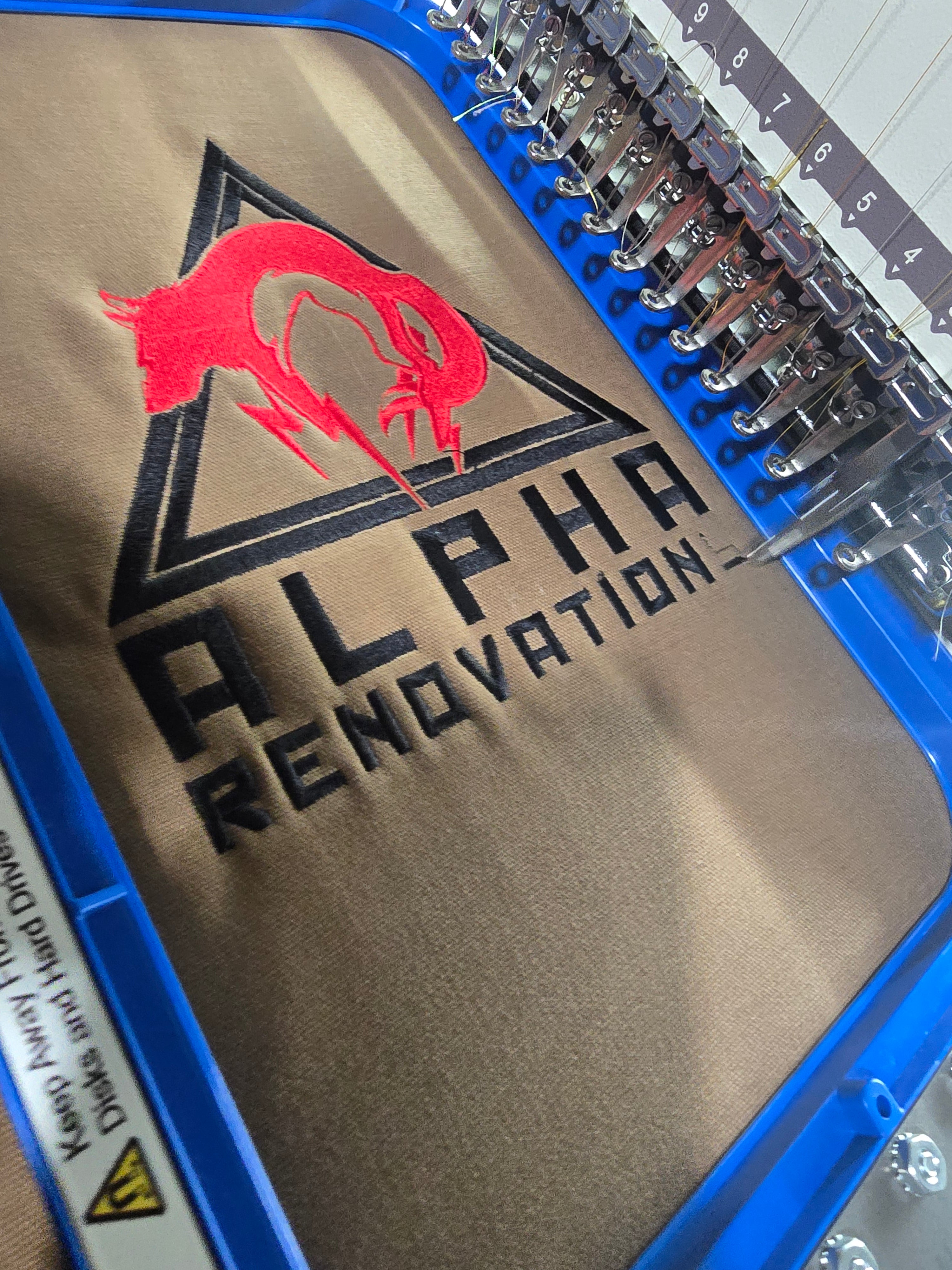 Alpha Renovation tool case with red logo on brown background